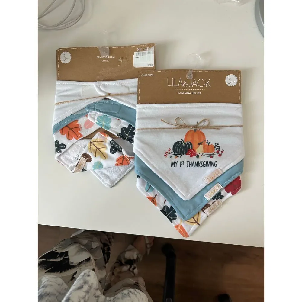 NWT Lila and Jack Bundle : My First Thanksgiving Bandana Bib Set 3 Pieces -2 Set